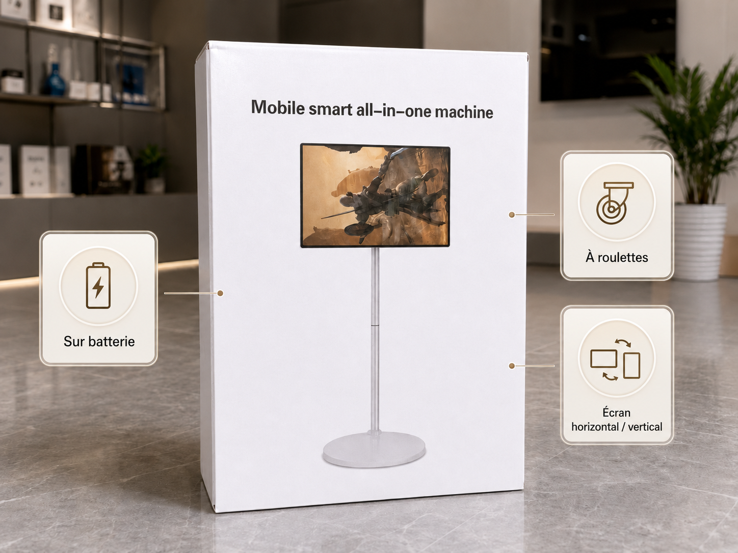 Borne tactile mobile sans fil avec roulettes et batterie intégrée